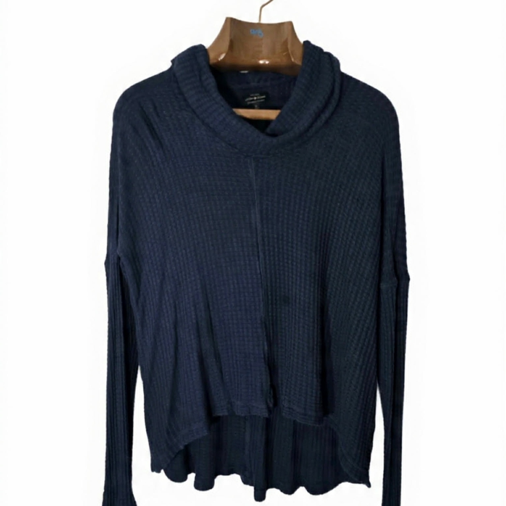 Lucky Brand Navy Waffle Knit Thermal‎ Cowl Neck Sweater Boho